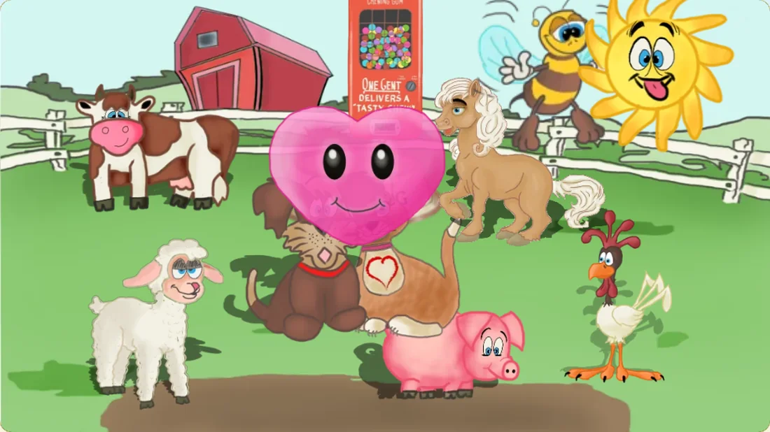 The farm after tapping the cat three times: a pink smiling heart appears in the middle of the meadow.