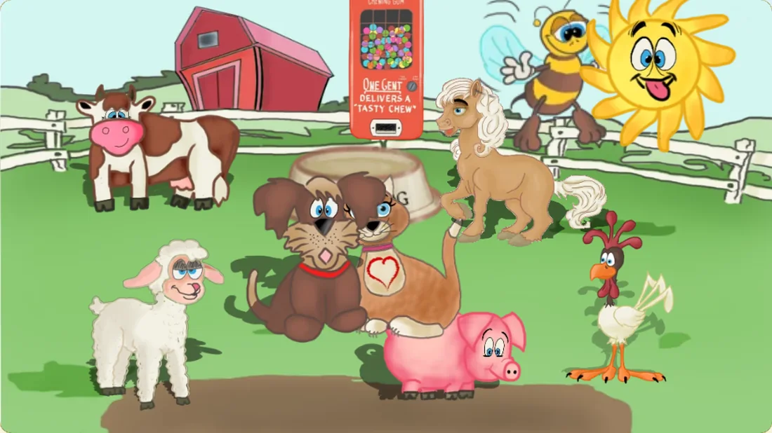 The farm in the browser: a meadow with a red barn behind a fence, with a cow, sheep, pig, cat, dog, horse, rooster and bee in front, the sun and the vending machine at the top and the feed bowl below.