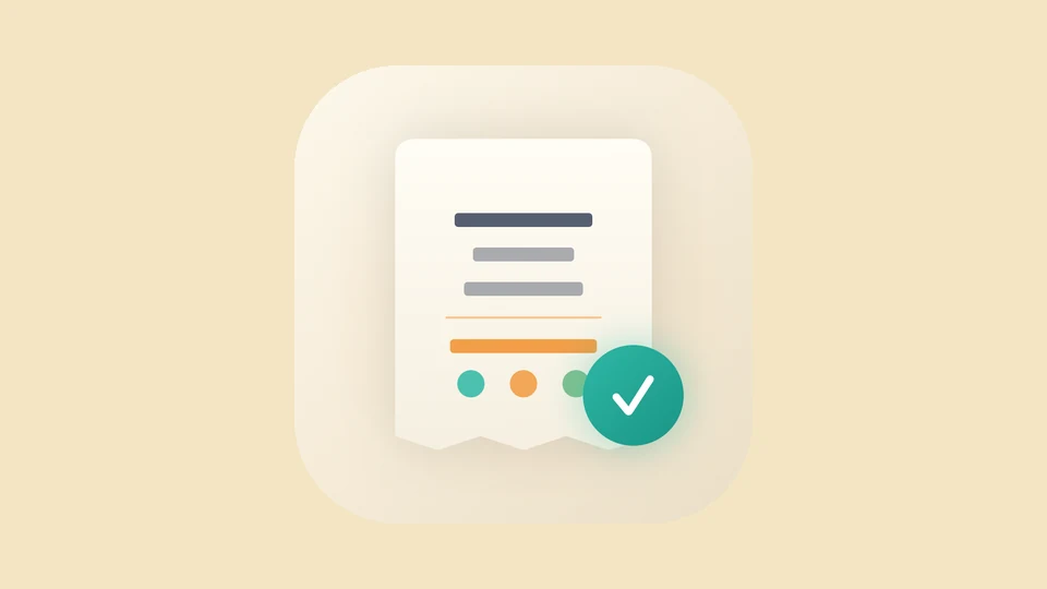 App-Icon von BillBuddy: eine Kassenbon-Silhouette mit Zeilen, drei farbigen Punkten und einem grünen Haken