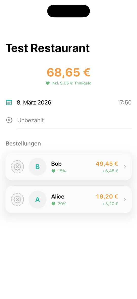 Detail view of a saved visit “Test Restaurant”: €68.65 including €9.65 tip, 8 March 2026, status “unpaid”, orders by Bob (€49.45, 15%) and Alice (€19.20, 20%).