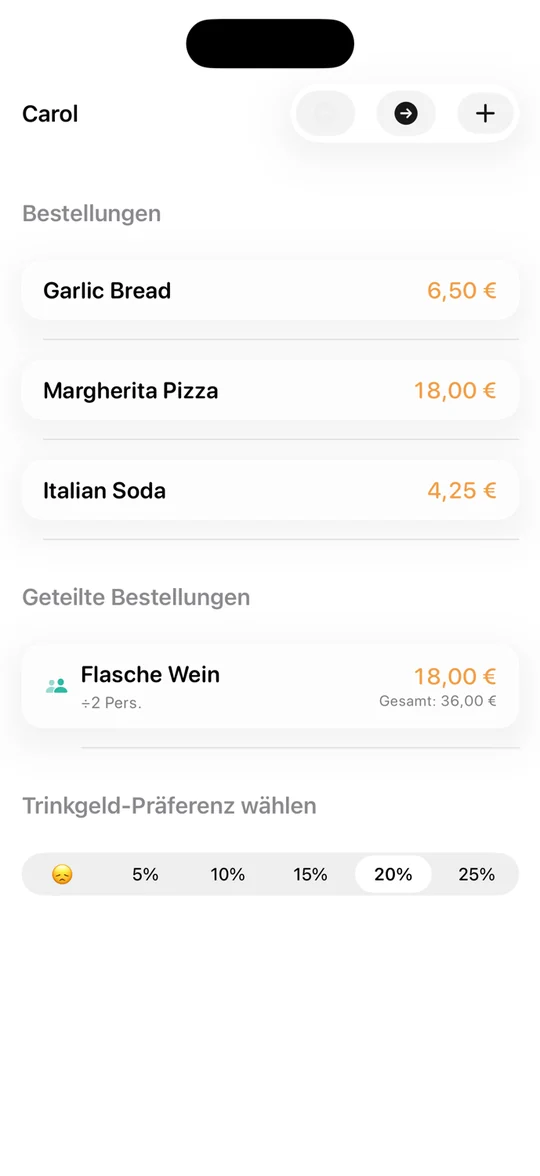 Carol's orders: garlic bread €6.50, Margherita pizza €18.00, Italian soda €4.25, plus the shared bottle of wine (€18.00 per person, €36.00 in total, divided by 2). Below, the tip picker with 0, 5, 10, 15, 20 and 25 percent, 20 percent selected.