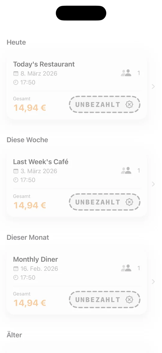 History grouped into Today, This week and This month: three saved visits with date, time, number of people, a total of €14.94 and an “unpaid” stamp (in German).