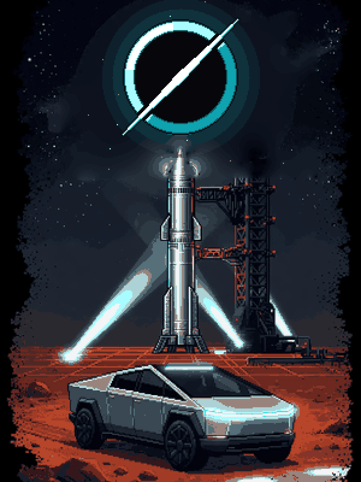 Mars Patrol Credits-Art mit Cybertruck, Grok und cyanem Glow