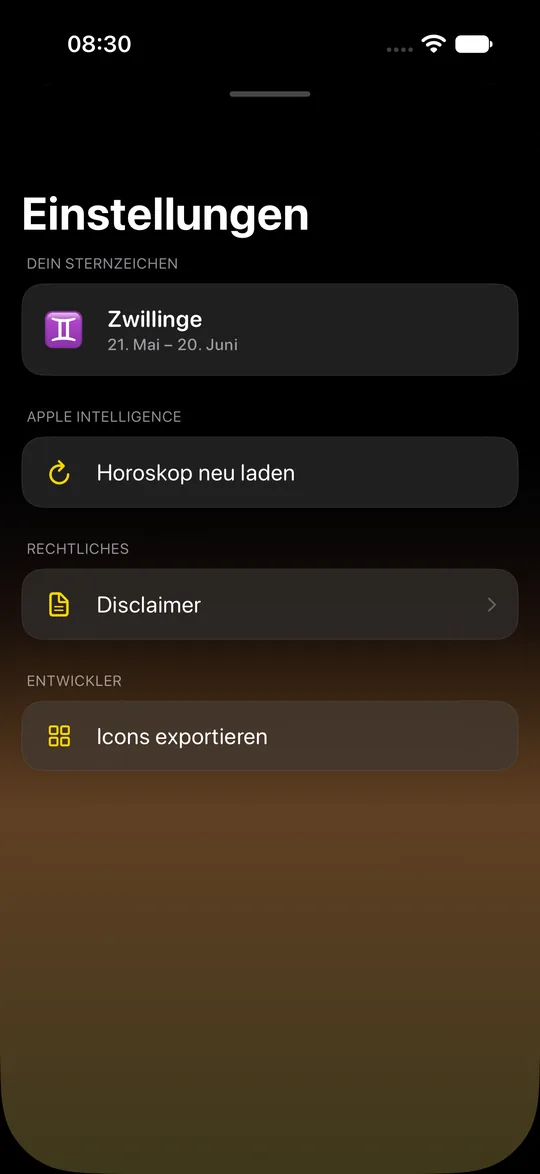 Settings in dark mode with the sign Gemini, reload horoscope, disclaimer and export icons.