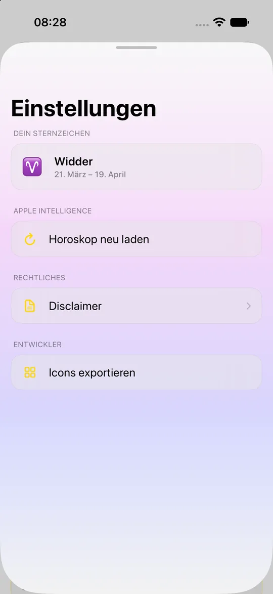 Settings with the chosen sign Aries, “reload horoscope”, disclaimer and “export icons” (in German). Light mode.