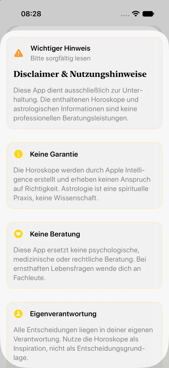Disclaimer and terms of use (in German): for entertainment, no guarantee, no advice, own responsibility. Light mode.