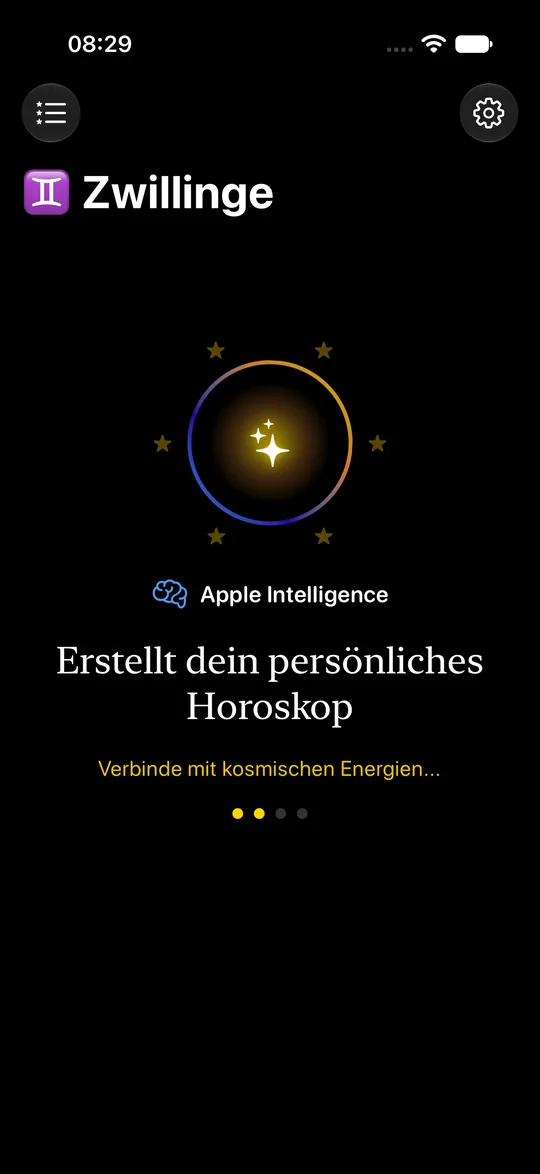 Loading view for Gemini in dark mode with a glowing symbol.