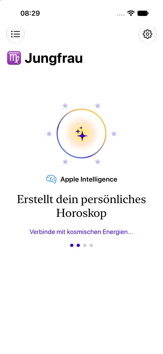 Loading view for Virgo with a glowing symbol and the text “Creating your personal horoscope” (in German), with “Apple Intelligence” below. Light mode.