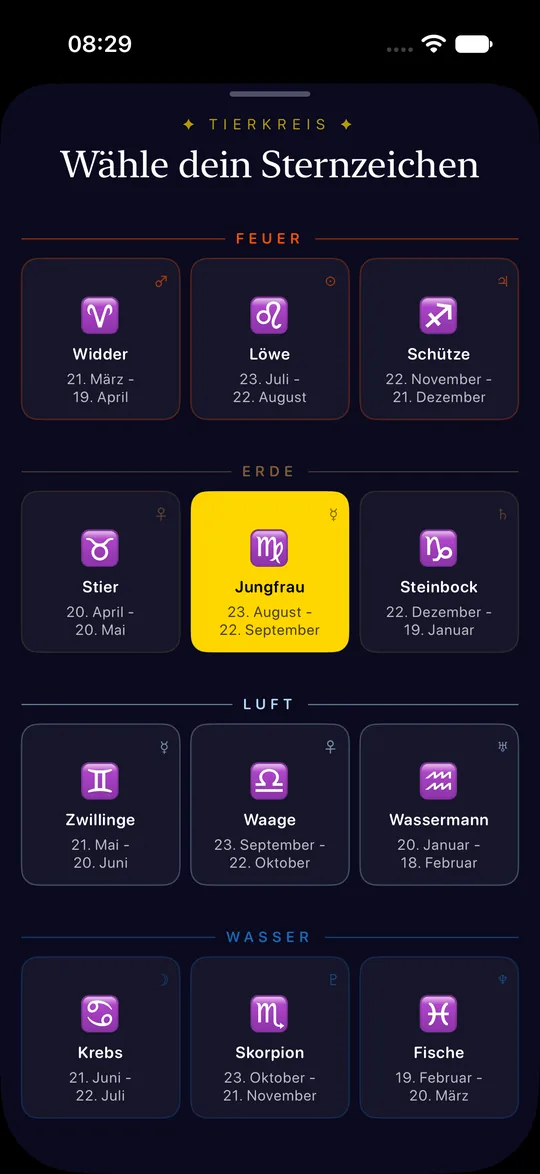 Sign selection in dark mode, Virgo highlighted in yellow.