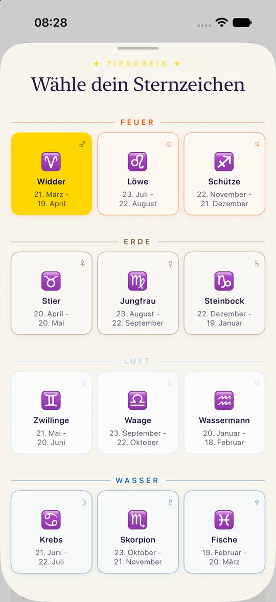 App screen “Choose your zodiac sign” (in German): twelve signs in four element groups, Aries selected. Light mode.