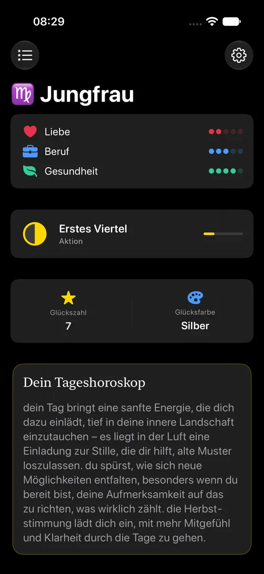 Daily horoscope for Virgo in dark mode with ratings, moon phase, lucky number and text.
