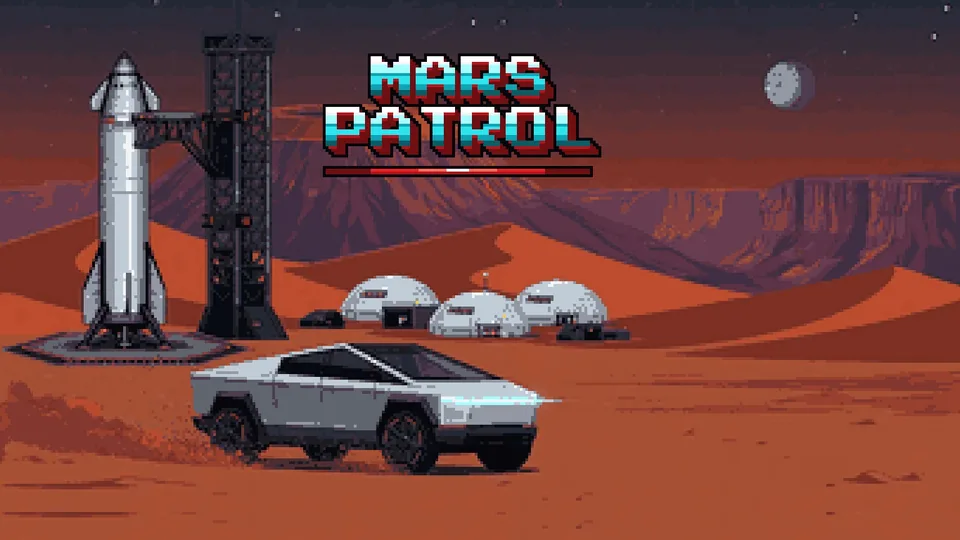 Titelbild von Mars Patrol: Cybertruck, Startrampe und Marslandschaft