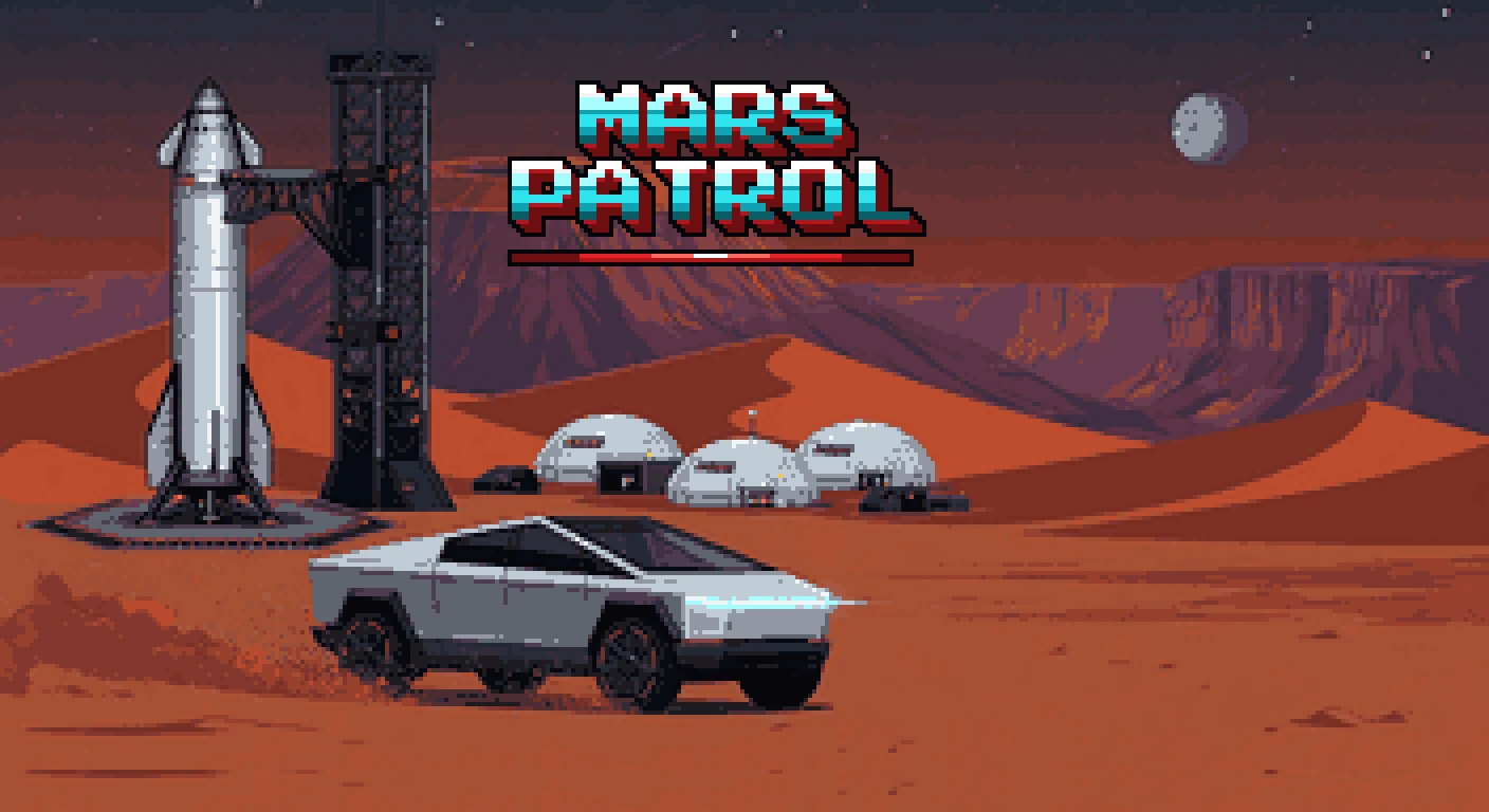 Mars Patrol Titelbild — Pixel-Art Schriftzug und Cybertruck vor Mars-Himmel
