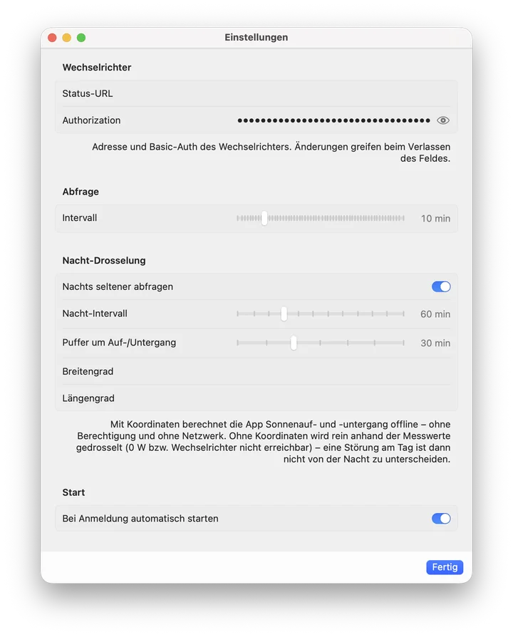 Fenster „Einstellungen“: Abschnitte Wechselrichter (Status-URL abgedeckt, Authorization verdeckt), Abfrage mit Intervall-Regler, Nacht-Drosselung mit Nacht-Intervall und Puffer um Auf- und Untergang (Breiten- und Längengrad abgedeckt) sowie der Schalter „Bei Anmeldung automatisch starten“.
