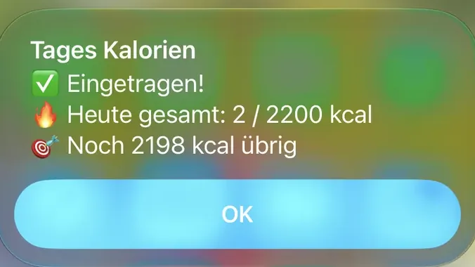 Screenshot des Kurzbefehls: Tageskalorien eingetragen, mit Fortschritt in Apple Health