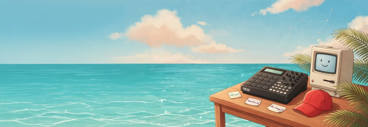 Illustration: Strand, Holztisch mit Akai MPC, klassischem Macintosh und roter Kappe. Kein Foto.