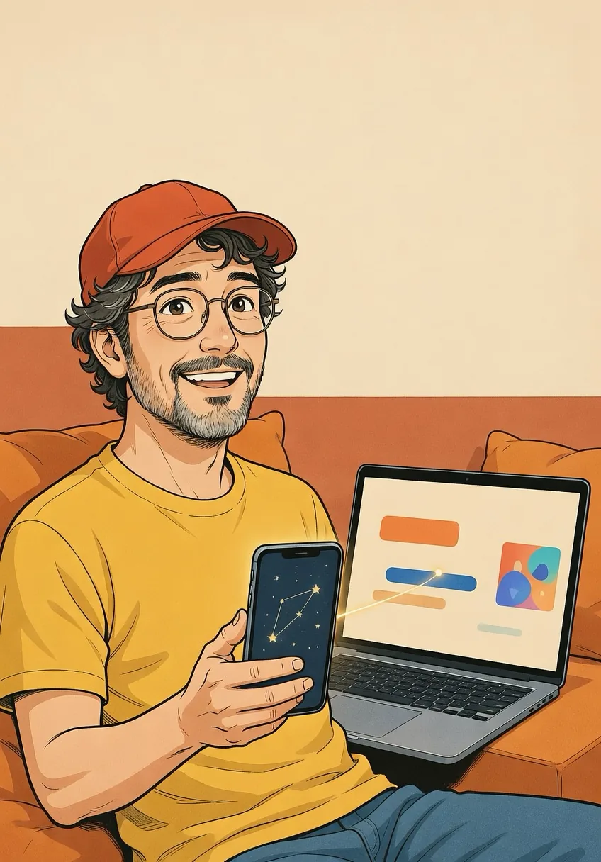 Illustration: rote Kappe, Handy mit Sternbild, Laptop daneben. Kein Foto.