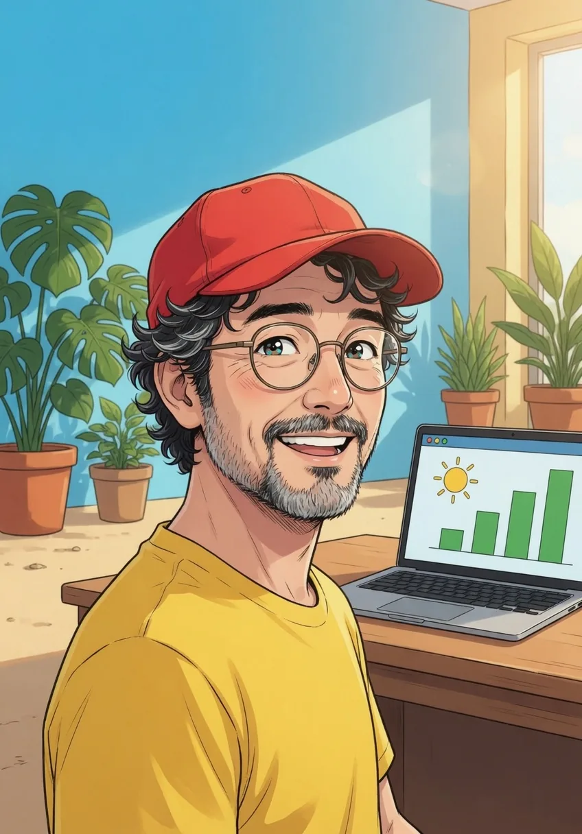 Illustration: rote Kappe neben einem Laptop mit Sonne und grünen Solar-Balken. Kein Foto.