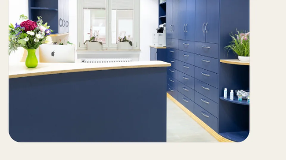 Ausschnitt eines Praxis-Website-Entwurfs: blaues Behandlungszimmer