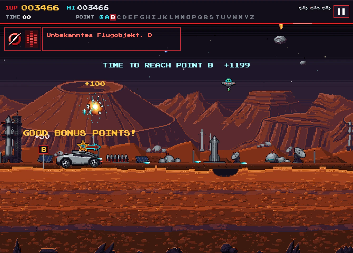 Mars Patrol Gameplay-Screenshot auf macOS — Cybertruck, HUD und Mars-Landschaft