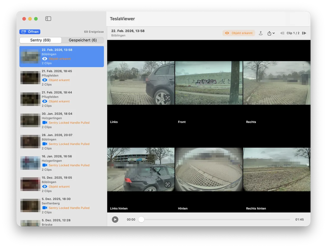 Ein ausgewähltes Ereignis in TeslaViewer: sechs Kamerabilder mit Beschriftung Links, Front, Rechts, Links hinten, Hinten, Rechts hinten; unten Zeitleiste mit Laufzeit 01:45.