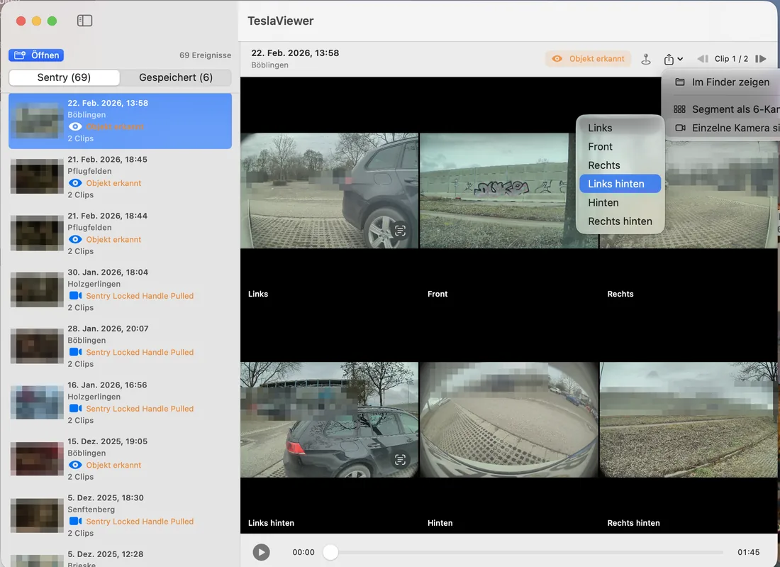 TeslaViewer mit geöffnetem Menü: Im Finder zeigen, Segment als 6-Kamera-Video, einzelne Kamera sichern und eine Auswahlliste der sechs Kameras, „Links hinten“ ist markiert.