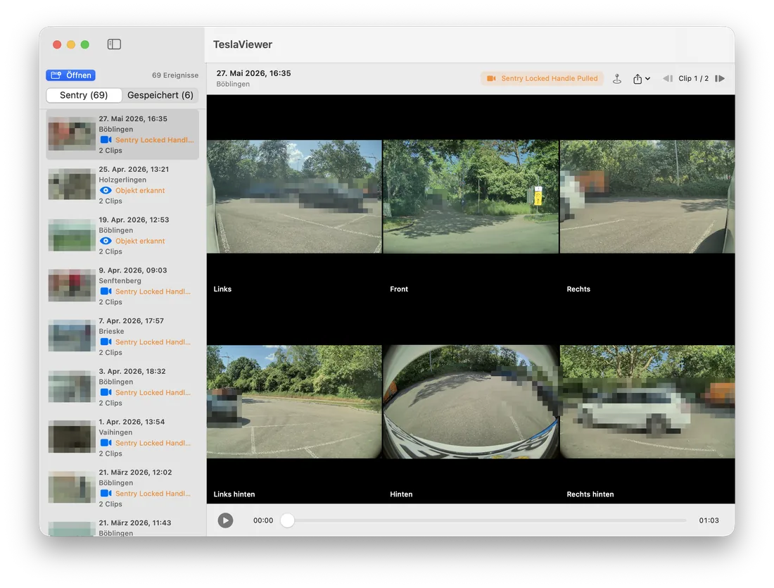 TeslaViewer-Fenster: links die Liste der Sentry-Ereignisse mit Datum und Ort, rechts sechs Kamerabilder im 3×2-Raster, unten Wiedergabeleiste mit Zeitleiste. Gesichter und Kennzeichen sind verpixelt.